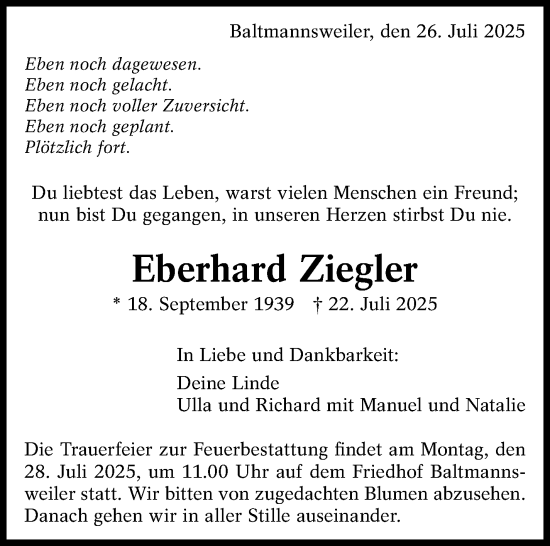 Traueranzeige von Eberhard Ziegler von Eßlinger Zeitung