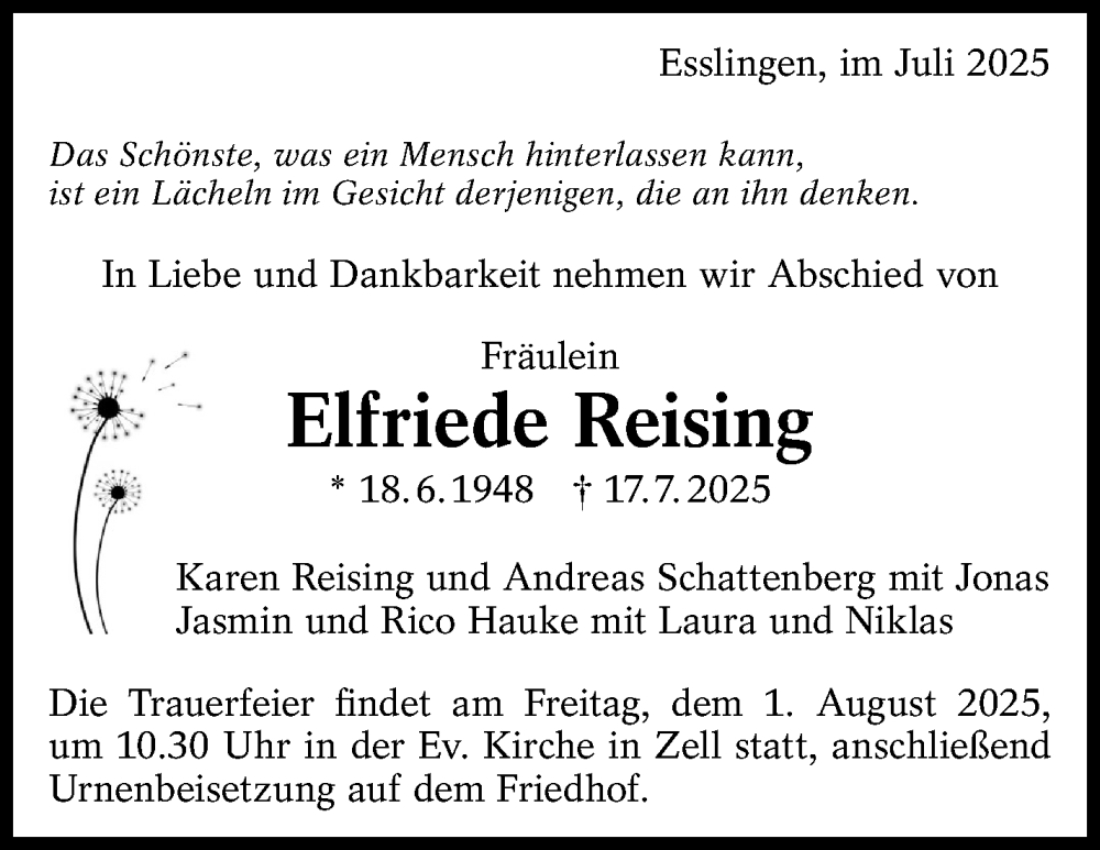  Traueranzeige für Elfriede Reising vom 26.07.2025 aus Eßlinger Zeitung