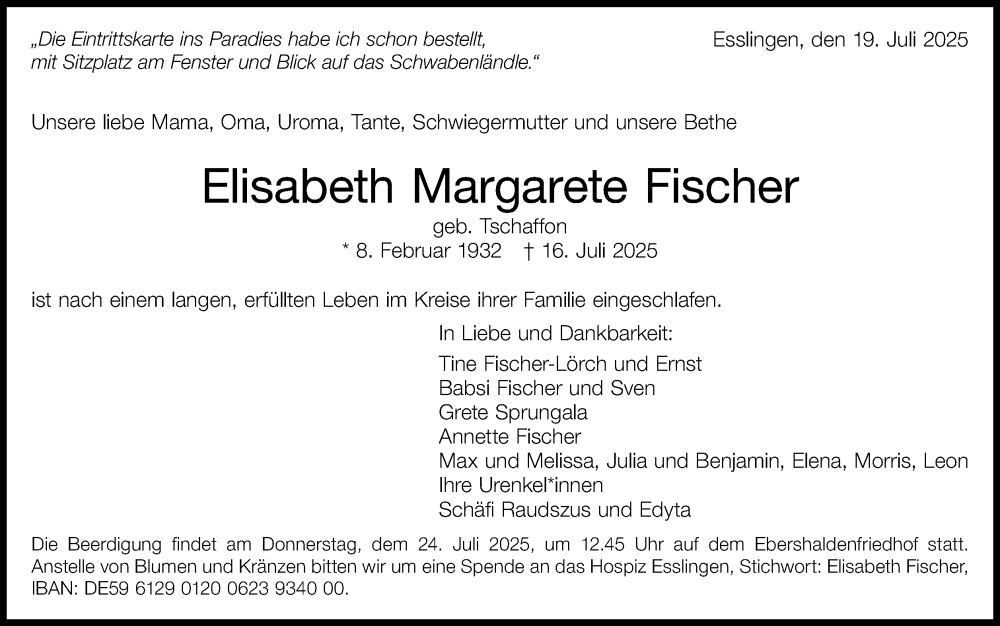  Traueranzeige für Elisabeth Margarete Fischer vom 19.07.2025 aus Eßlinger Zeitung
