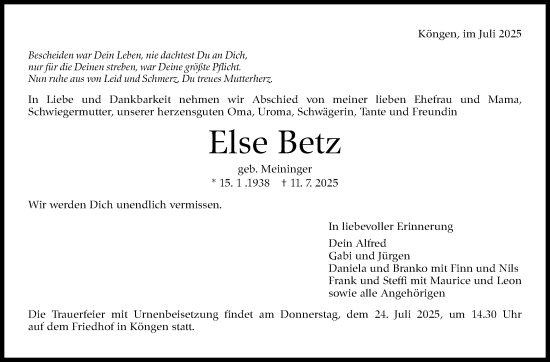 Traueranzeige von Else Betz von Eßlinger Zeitung