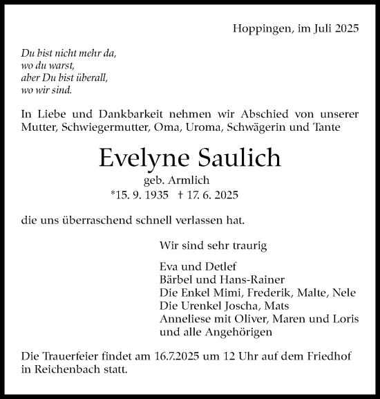 Traueranzeige von Evelyne Saulich von Eßlinger Zeitung