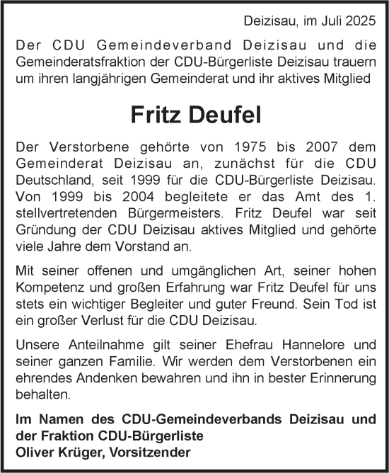Traueranzeige von Fritz Deufel von Eßlinger Zeitung
