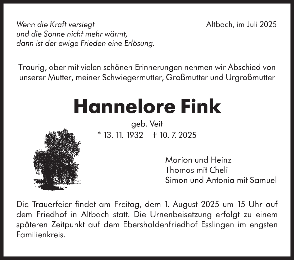  Traueranzeige für Hannelore Fink vom 26.07.2025 aus Eßlinger Zeitung