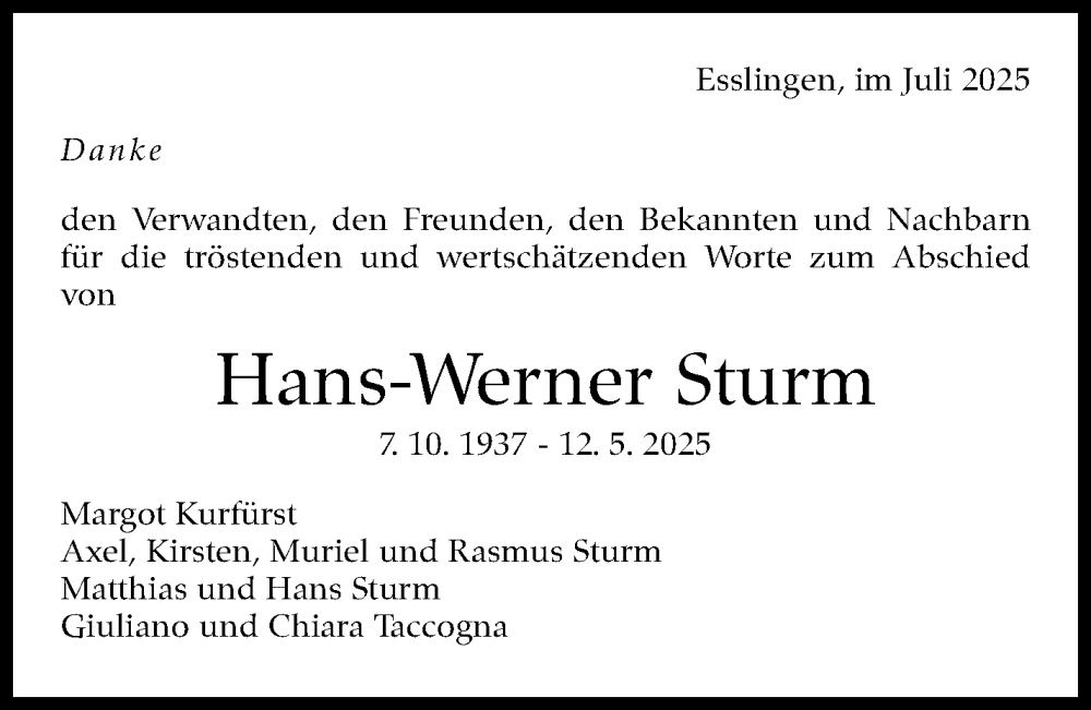 Traueranzeige für Hans-Werner Sturm vom 05.07.2025 aus Eßlinger Zeitung