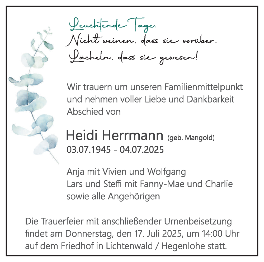  Traueranzeige für Heidi Herrmann vom 12.07.2025 aus Eßlinger Zeitung