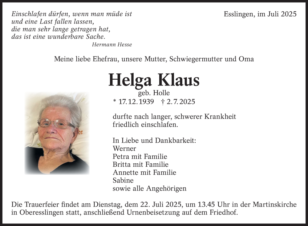  Traueranzeige für Helga Klaus vom 08.07.2025 aus Eßlinger Zeitung