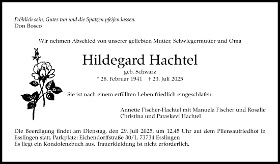 Traueranzeige von Hildegard Hachtel von Eßlinger Zeitung
