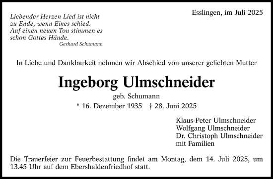 Traueranzeige von Ingeborg Ulmschneider von Eßlinger Zeitung