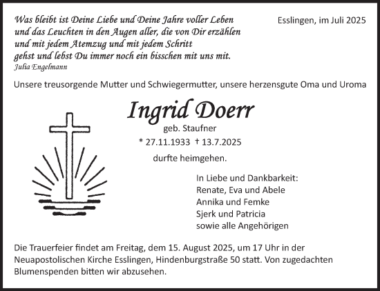 Traueranzeige von Ingrid Doerr von Eßlinger Zeitung
