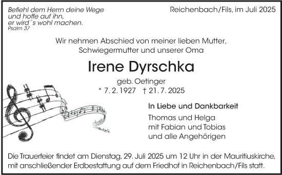 Traueranzeige von Irene Dyrschka von Eßlinger Zeitung
