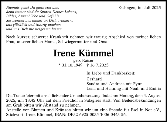 Traueranzeige von Irene Kümmel von Eßlinger Zeitung