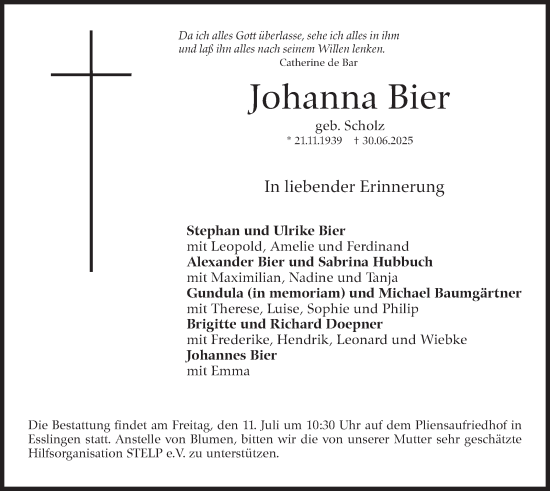 Traueranzeige von Johanna Bier von Eßlinger Zeitung