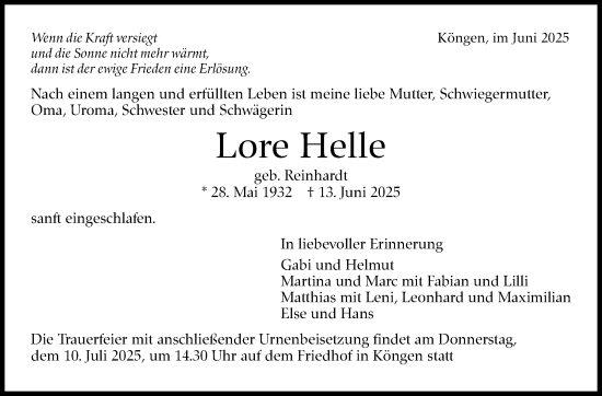 Traueranzeige von Lore Helle von Eßlinger Zeitung