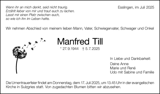 Traueranzeige von Manfred Till von Eßlinger Zeitung