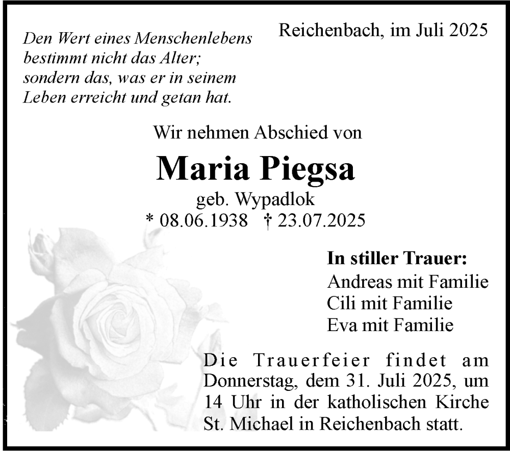  Traueranzeige für Maria Piegsa vom 29.07.2025 aus Eßlinger Zeitung