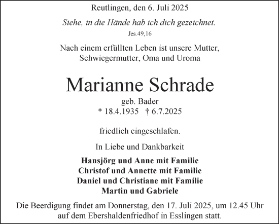 Traueranzeige von Marianne Schrade von Eßlinger Zeitung
