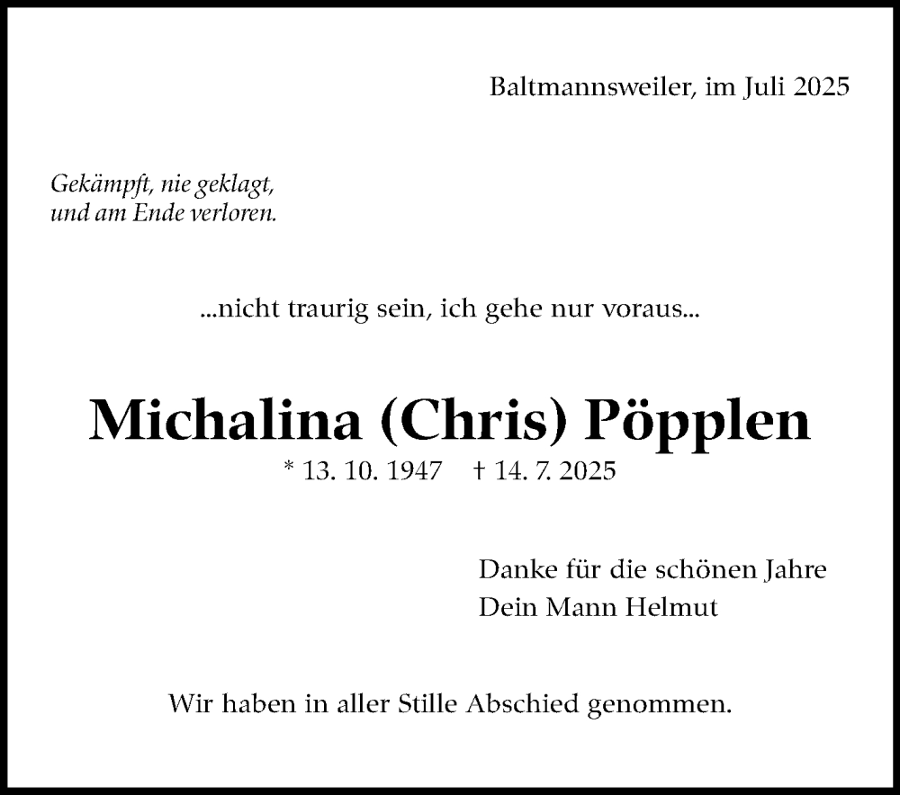  Traueranzeige für Michalina Pöpplen vom 18.07.2025 aus Eßlinger Zeitung