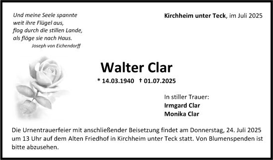 Traueranzeige von Walter Clar von Eßlinger Zeitung