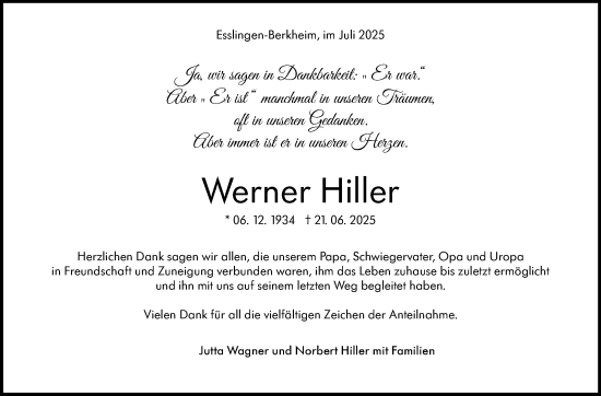 Traueranzeige von Werner Hiller von Eßlinger Zeitung