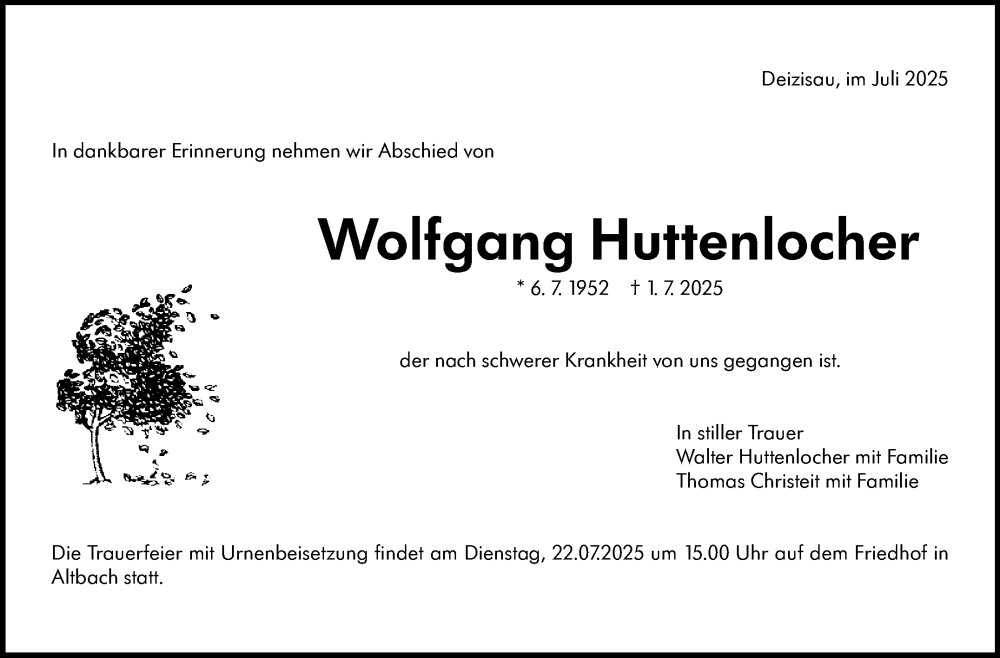  Traueranzeige für Wolfgang Huttenlocher vom 19.07.2025 aus Eßlinger Zeitung