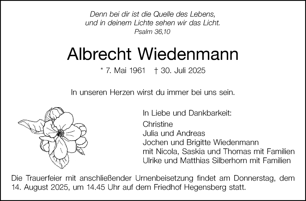  Traueranzeige für Albrecht Wiedenmann vom 09.08.2025 aus Eßlinger Zeitung