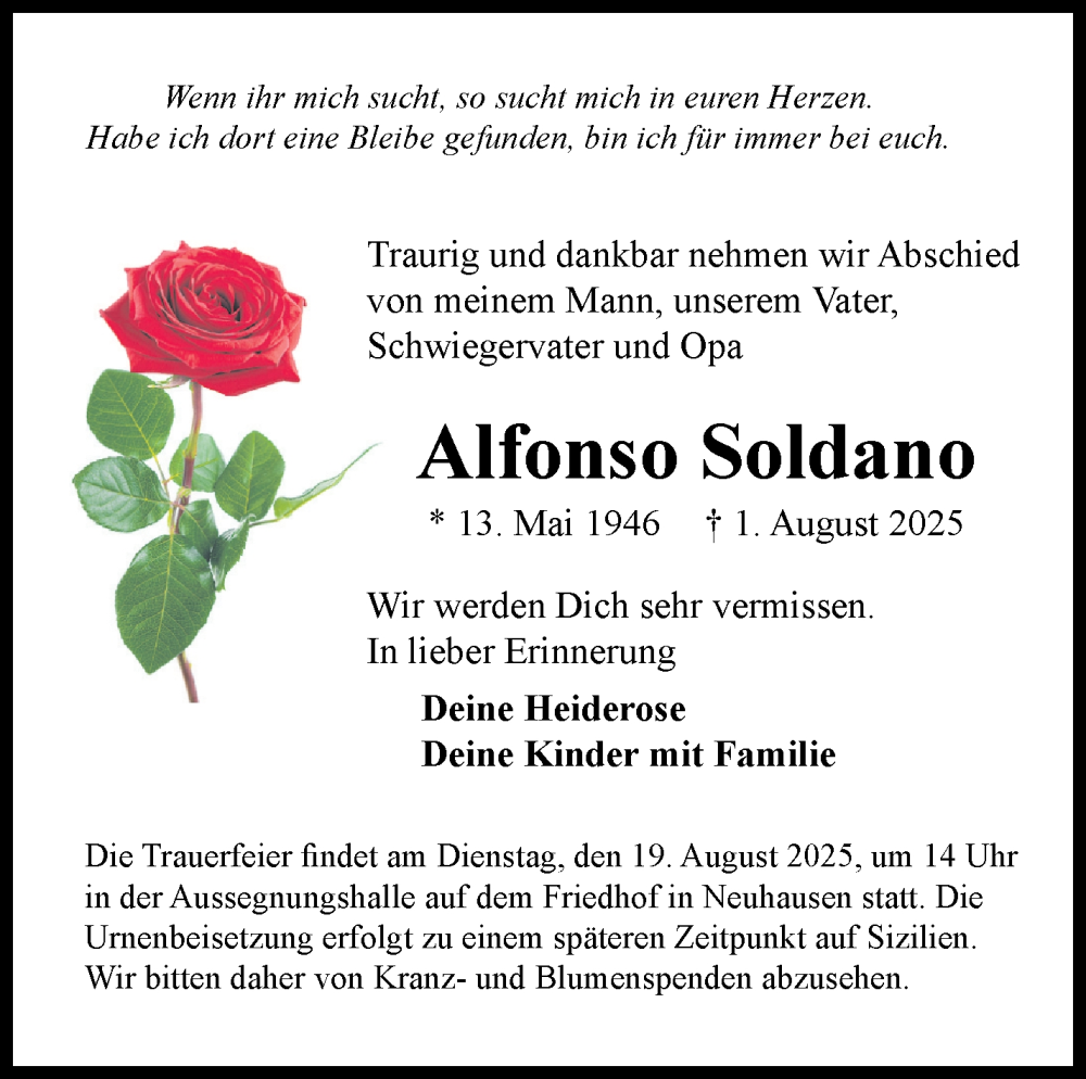  Traueranzeige für Alfonso Soldano vom 14.08.2025 aus Eßlinger Zeitung