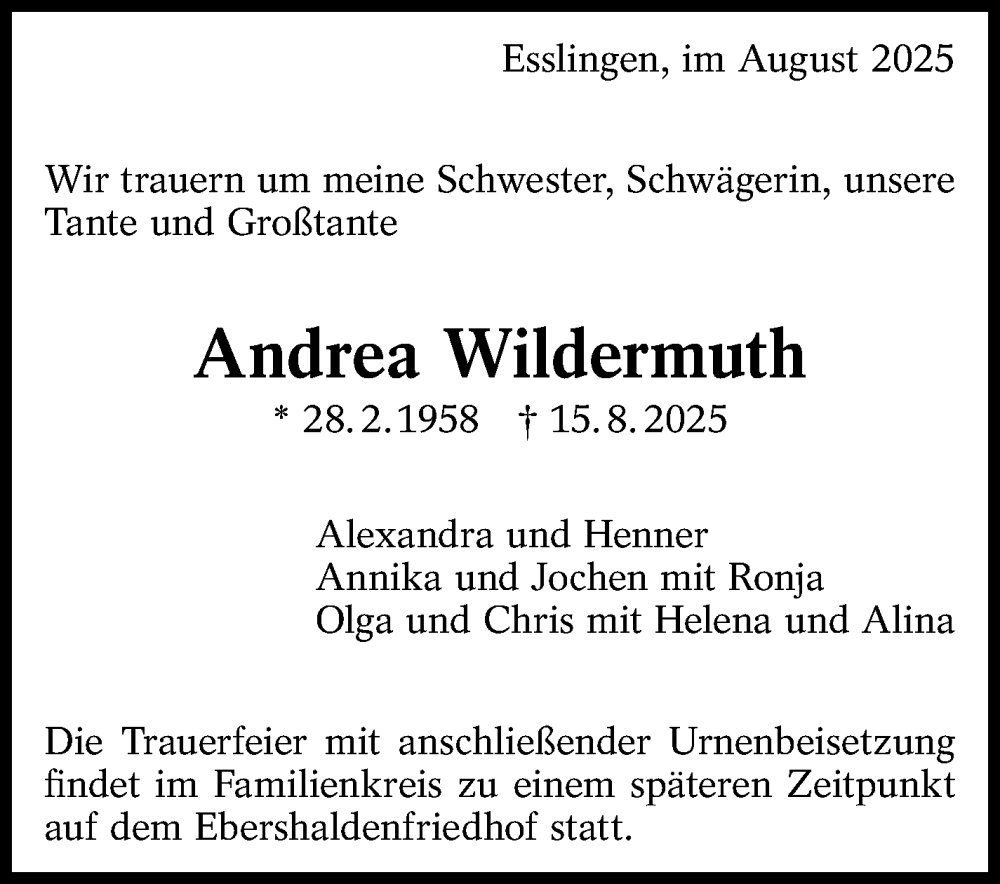  Traueranzeige für Andrea Wildermuth vom 23.08.2025 aus Eßlinger Zeitung