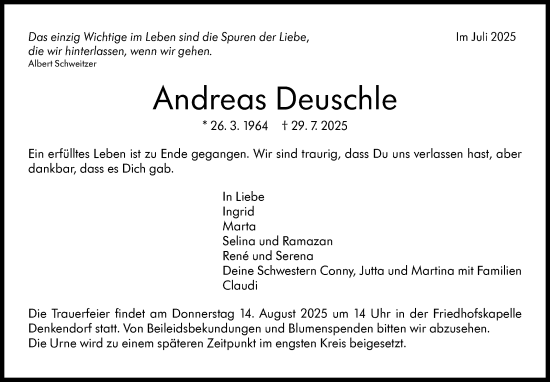 Traueranzeige von Andreas Deuschle von Eßlinger Zeitung