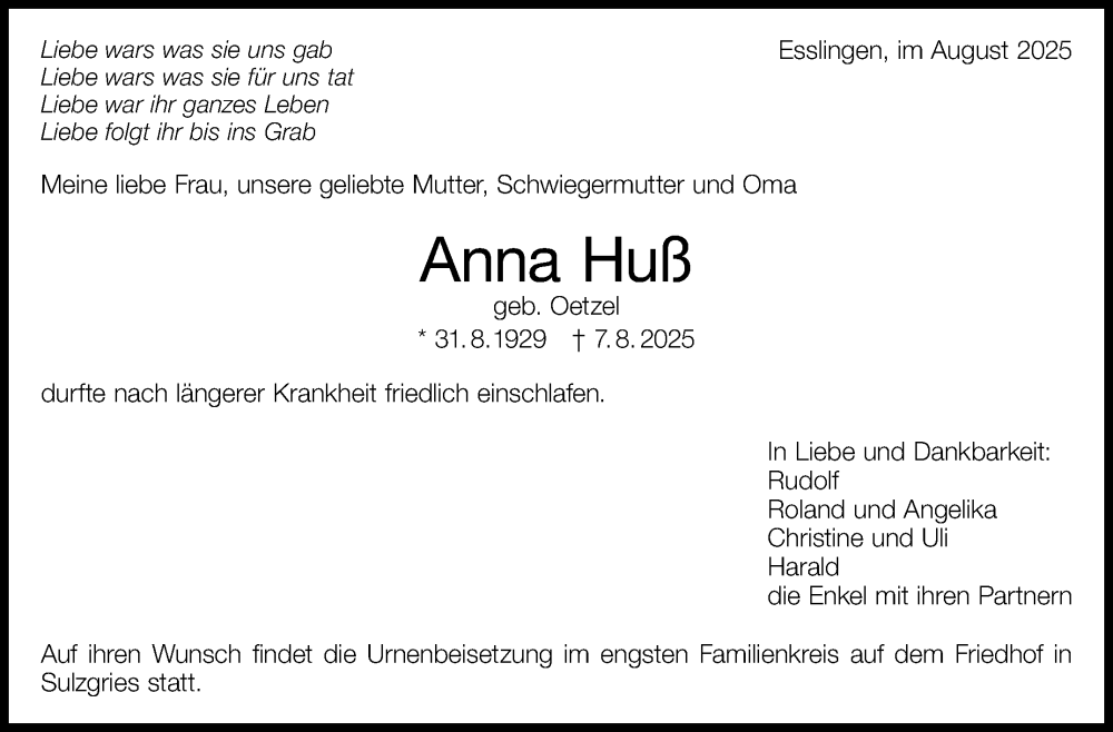  Traueranzeige für Anna Huß vom 23.08.2025 aus Eßlinger Zeitung