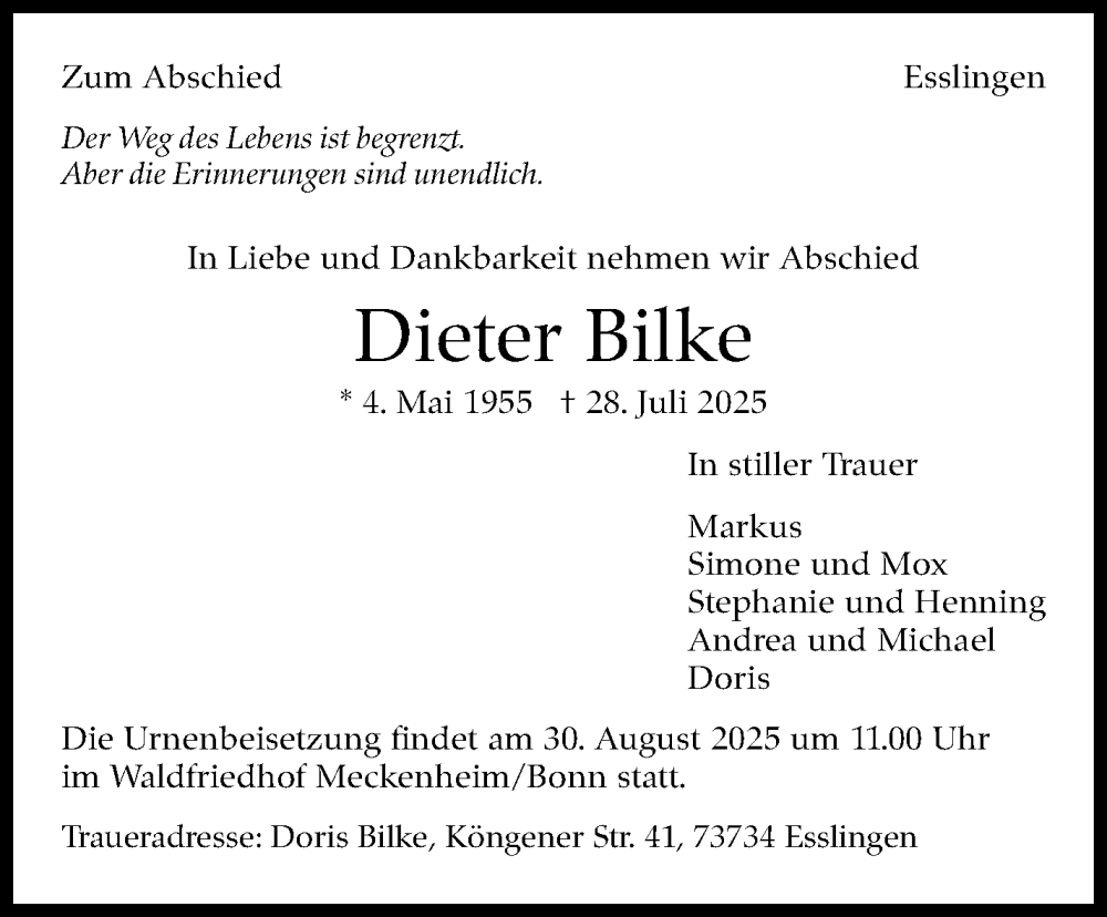  Traueranzeige für Dieter Bilke vom 02.08.2025 aus Eßlinger Zeitung