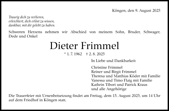 Traueranzeige von Dieter Frimmel von Eßlinger Zeitung