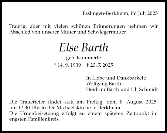Traueranzeige von Else Barth von Eßlinger Zeitung