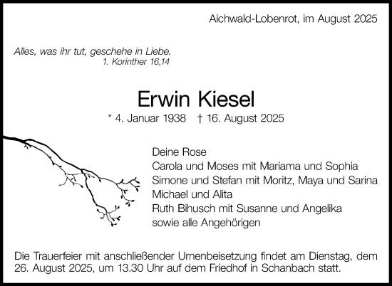 Traueranzeige von Erwin Kiesel von Eßlinger Zeitung