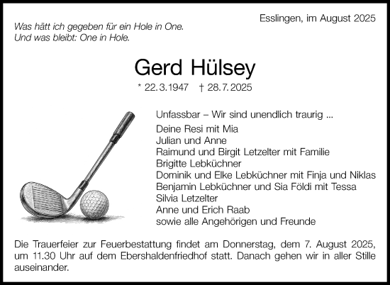 Traueranzeige von Gerd Hülsey von Eßlinger Zeitung