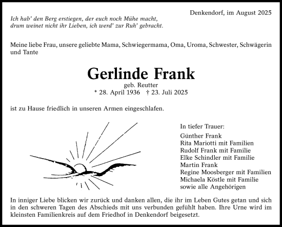 Traueranzeige von Gerlinde Frank von Eßlinger Zeitung