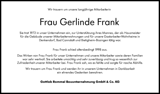 Traueranzeige von Gerlinde Frank von Eßlinger Zeitung