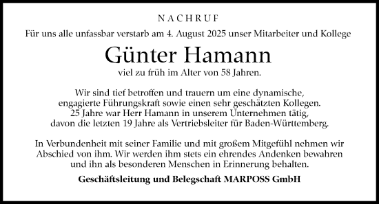 Traueranzeige von Günter Hamann von Eßlinger Zeitung