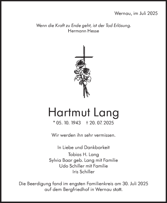 Traueranzeige von Hartmut Lang von Eßlinger Zeitung