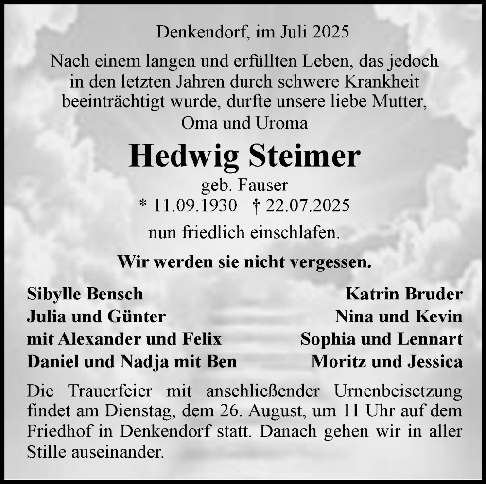  Traueranzeige für Hedwig Steimer vom 31.07.2025 aus Eßlinger Zeitung