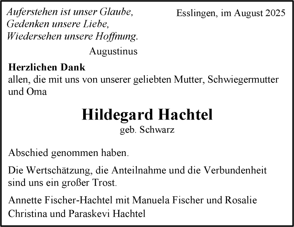  Traueranzeige für Hildegard Hachtel vom 16.08.2025 aus Eßlinger Zeitung