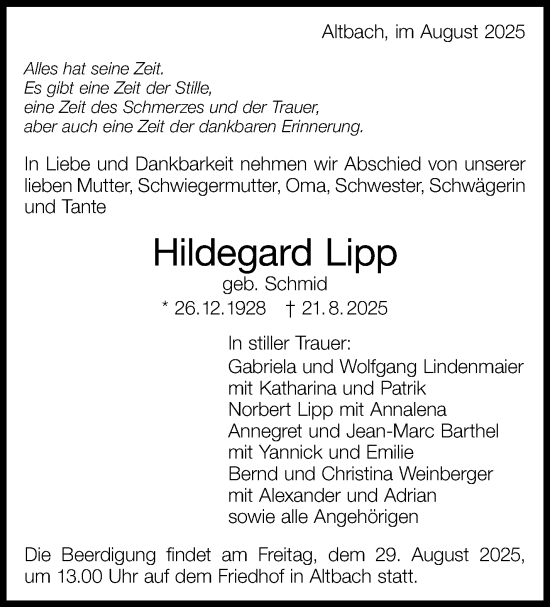 Traueranzeige von Hildegard Lipp von Eßlinger Zeitung