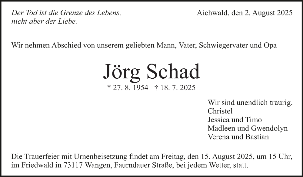  Traueranzeige für Jörg Schad vom 02.08.2025 aus Eßlinger Zeitung