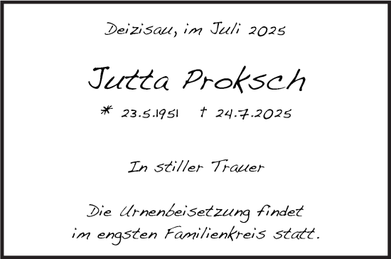 Traueranzeige von Jutta Proksch von Eßlinger Zeitung