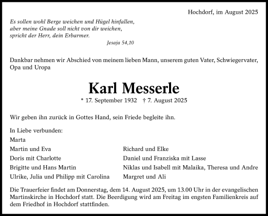 Traueranzeige von Karl Messerle von Eßlinger Zeitung