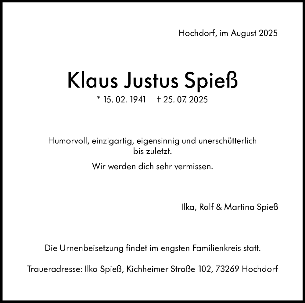 Traueranzeige für Klaus Justus Spieß vom 02.08.2025 aus Eßlinger Zeitung