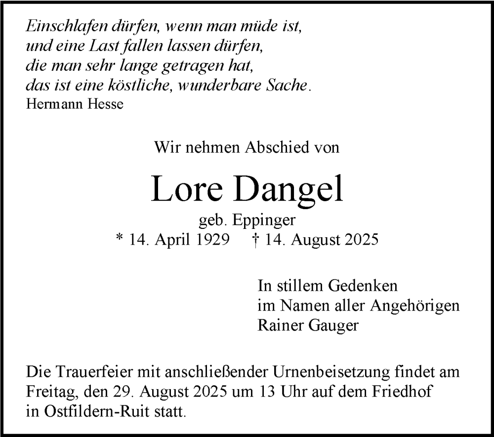  Traueranzeige für Lore Dangel vom 26.08.2025 aus Eßlinger Zeitung