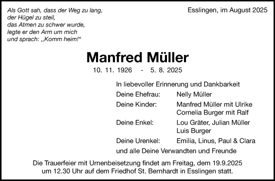 Traueranzeige von Manfred Müller von Eßlinger Zeitung