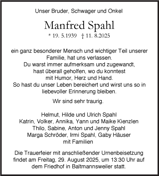 Traueranzeige von Manfred Spahl von Eßlinger Zeitung