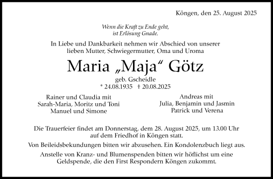 Traueranzeige von Maria Götz von Eßlinger Zeitung