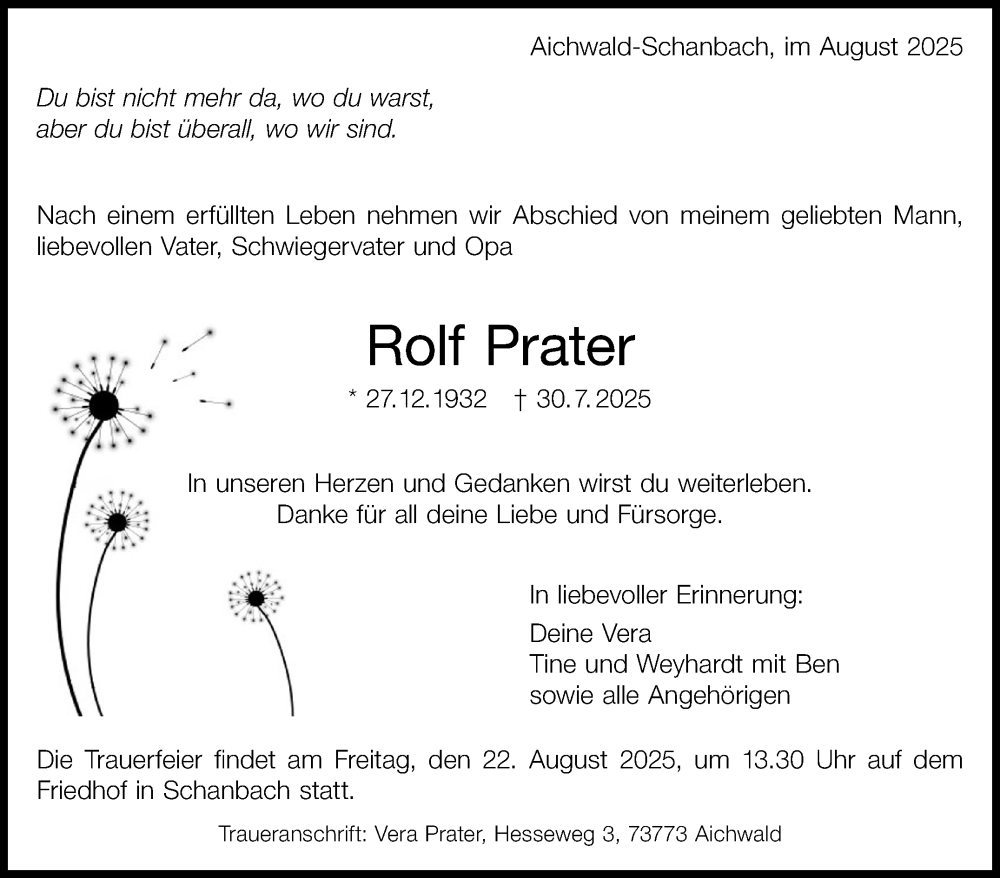  Traueranzeige für Rolf Prater vom 09.08.2025 aus Eßlinger Zeitung